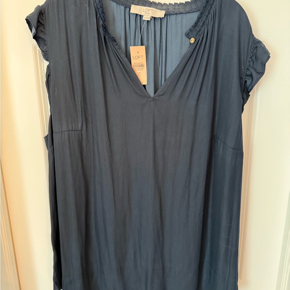 LOFT Navy Blouse with Ruffle Sleeves